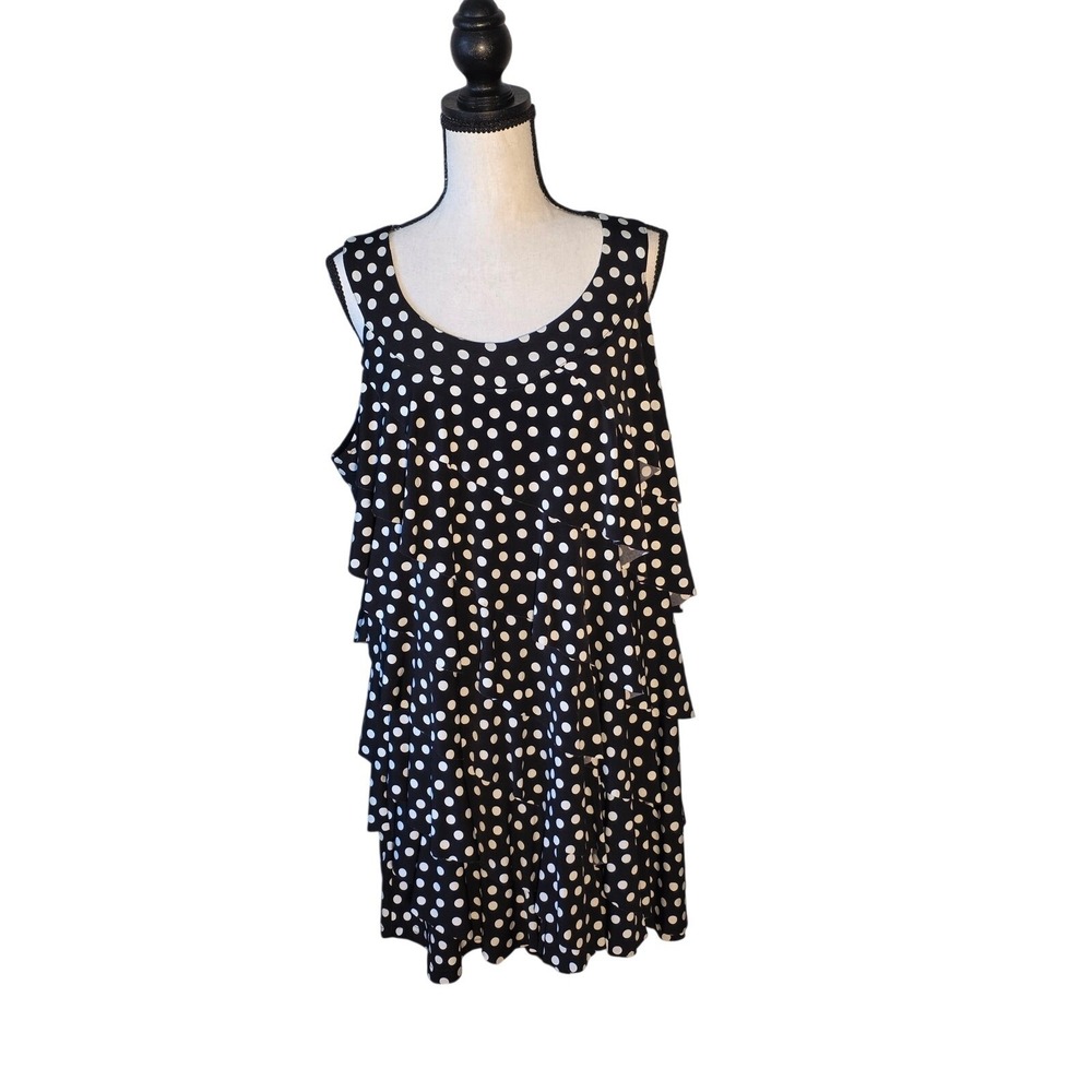 Simply Bee Polka Dot Tiered Ruffle Dress Womens 18 Black White Sleeveless Shift